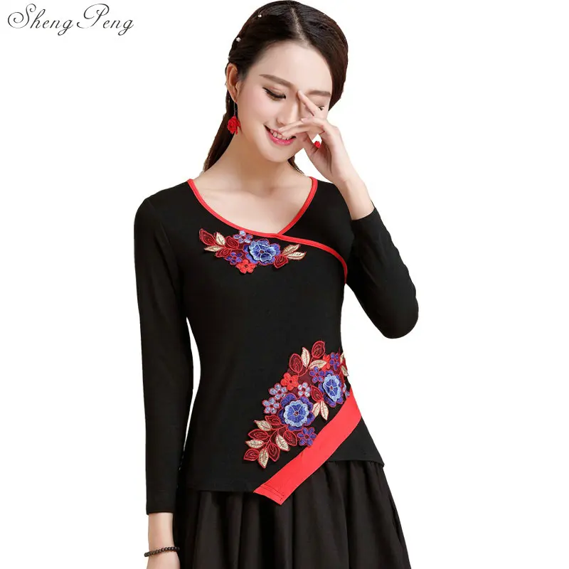 

Chinese Style Clothing Women Black Embroidery Folklore Vintage Shirt Female Ethinc Blouse Spring Ladies Chinese Tops V1725