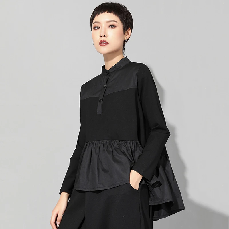 

CE 2021 Spring Autumn Stand Collar Tee Female Long Sleeve Black England Style Loose Hem Pleated Stitch Irregular T-shirt Women