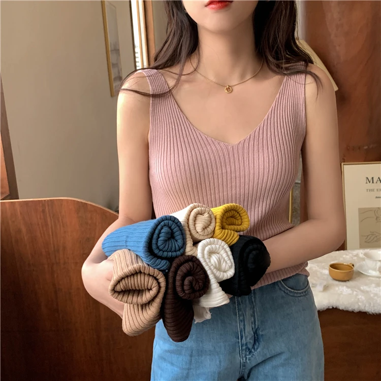

The New Korean Fashion Women Tops Sexy Halter tops Lady Ice Silk V-neck Camisole Top Woman Knitted Sleeveless Camis Tees Top