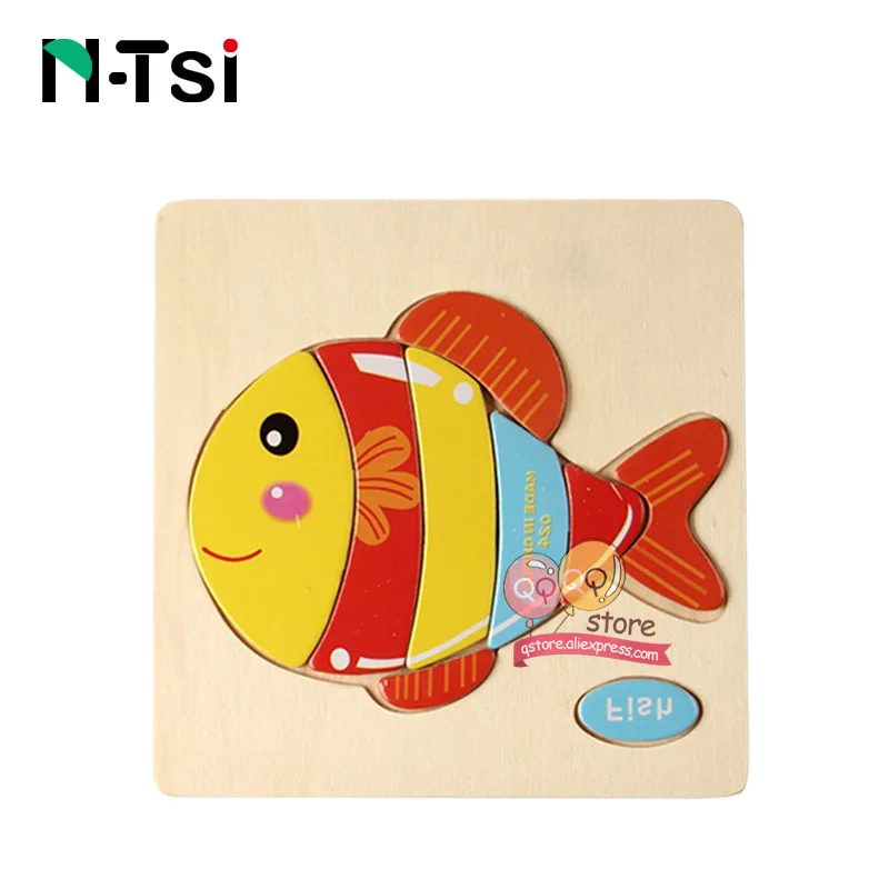 N-Tsi, детские деревянные головоломки, игрушки для малышей, Развивающие головоломки, Развивающие детские игрушки для детей, игры, Мультяшные животные, подарок, 3 года - Цвет: Fish