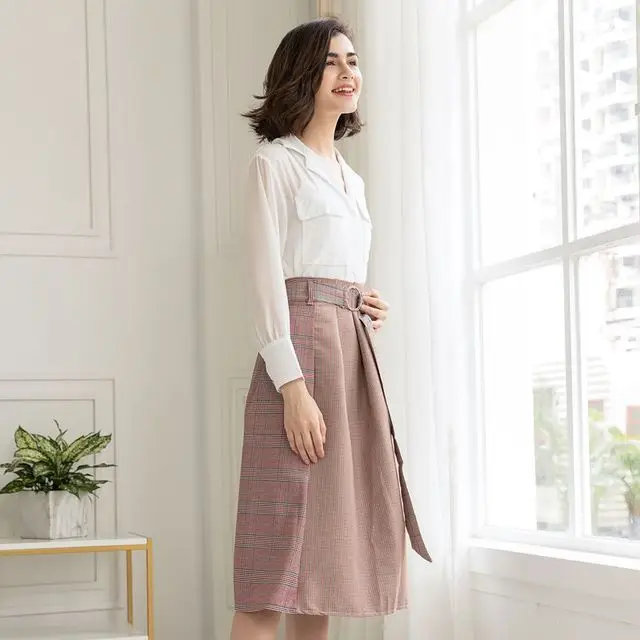 Женский комплект из 2 предметов шифоновая блузка и винтажная клетчатая миди-юбка