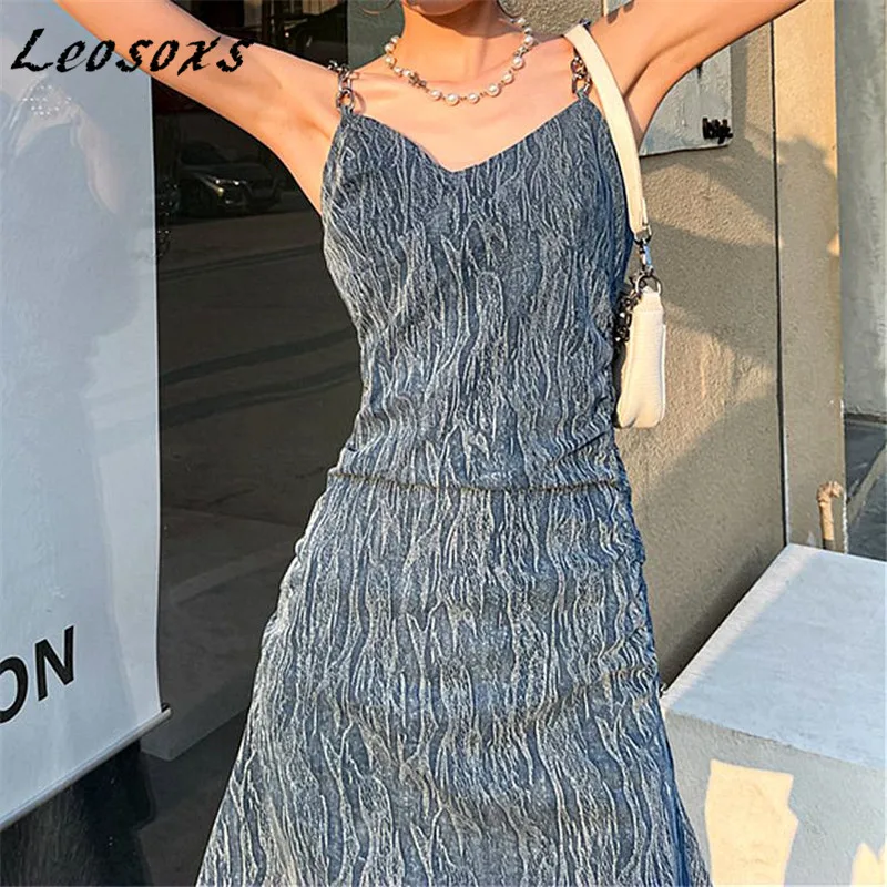 

vintage sleeveless denim dress women irregular Uneven washed chain drawstring elegant casual midi dresses 2021summer new