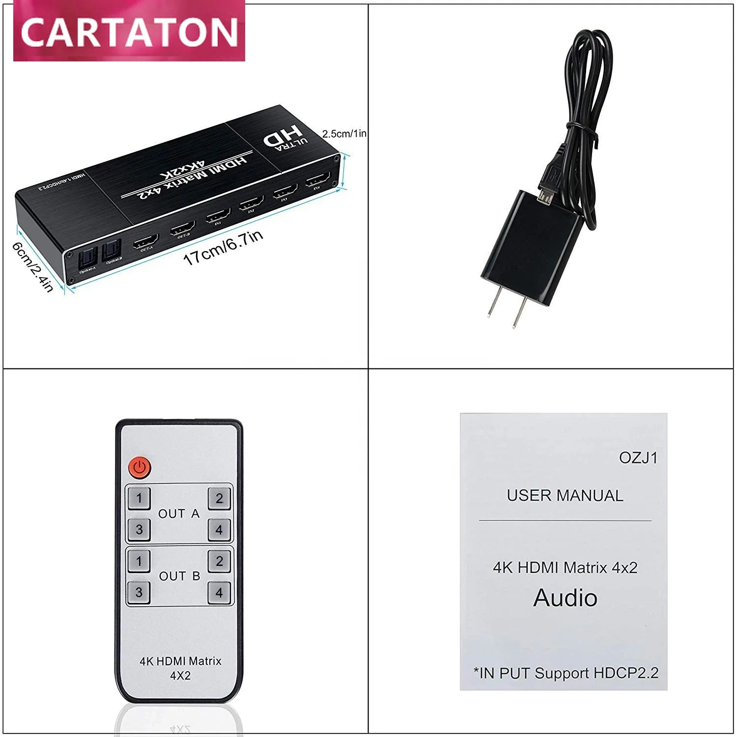 4K 4x2 HDMI Matrix Switch 4 in 2 Out Matrix HDMI Video Switcher Splitter with Optical L/R Audio Extractor EDID IR Remote