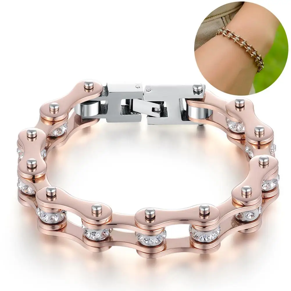 

2020 Punk Rock Fashion Men Women Rhinestone Titanium Stainless Steel Bike Bicycle Motorcycle Chain Bracelet Bangle Jewelry Gift