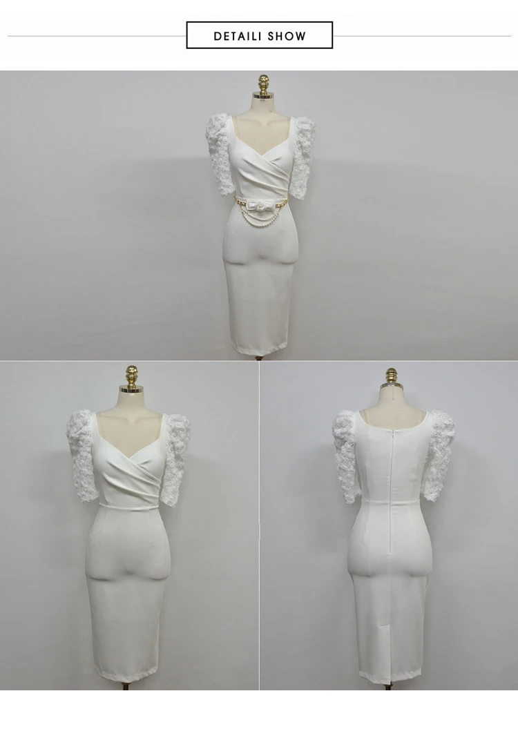 

2021 Summer New Korean Ladies Temperament V-neck Slim Stitching Lace Petal Sleeves Hip Dress