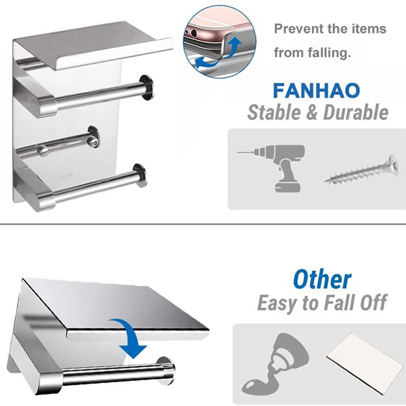 

Toilet Paper Holder,Stainless Steel Double Roll Tissue Holder with Phone Shelf, Polished Steel