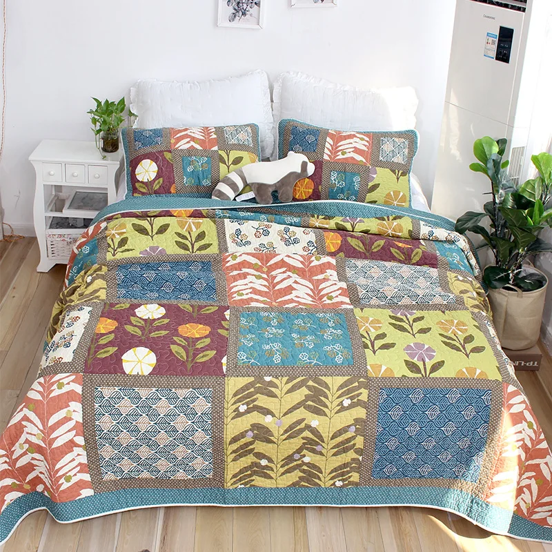 

Cotton Quilted Bedspreads on the Bed Pastoral Patchwork Coverlet Pillowcase 3PCS Queen Size Handmade Blanket on Bed CHAUSUB