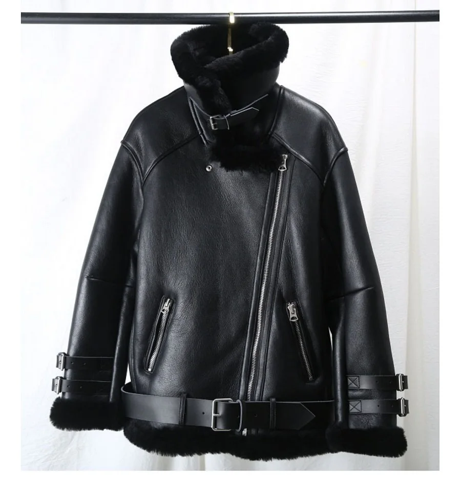 Winter Lamb Fur Bomber Real leather Jacket Women New Sheepskin Double Face Shearling Coat Oversized Genuine Leather Jackets