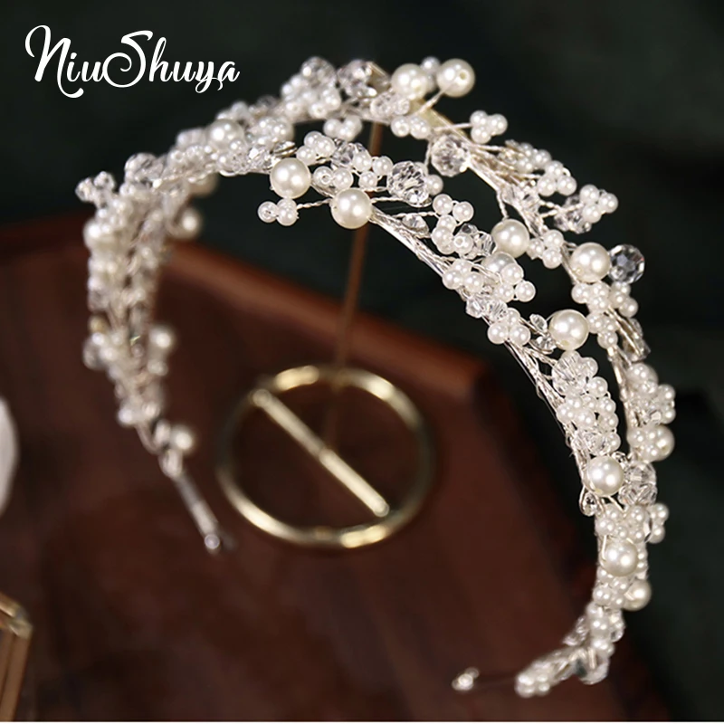 

NiuShuya Trendy White Pearl Wedding Headband Tiara Handmade Hairband Bridal Headpiece Wedding Hair Accessories for Women's
