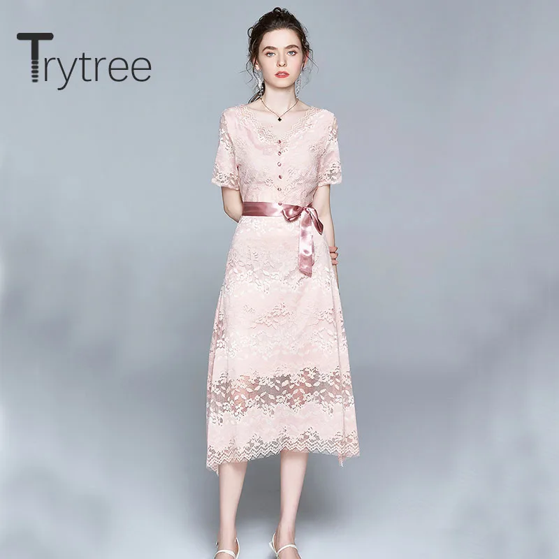 

Trytree Summer Women Casual Dress V-neck Print Hollow Out Lace Belt Pink Fashion A-line Elegant Temperament Mid-Calf Dress