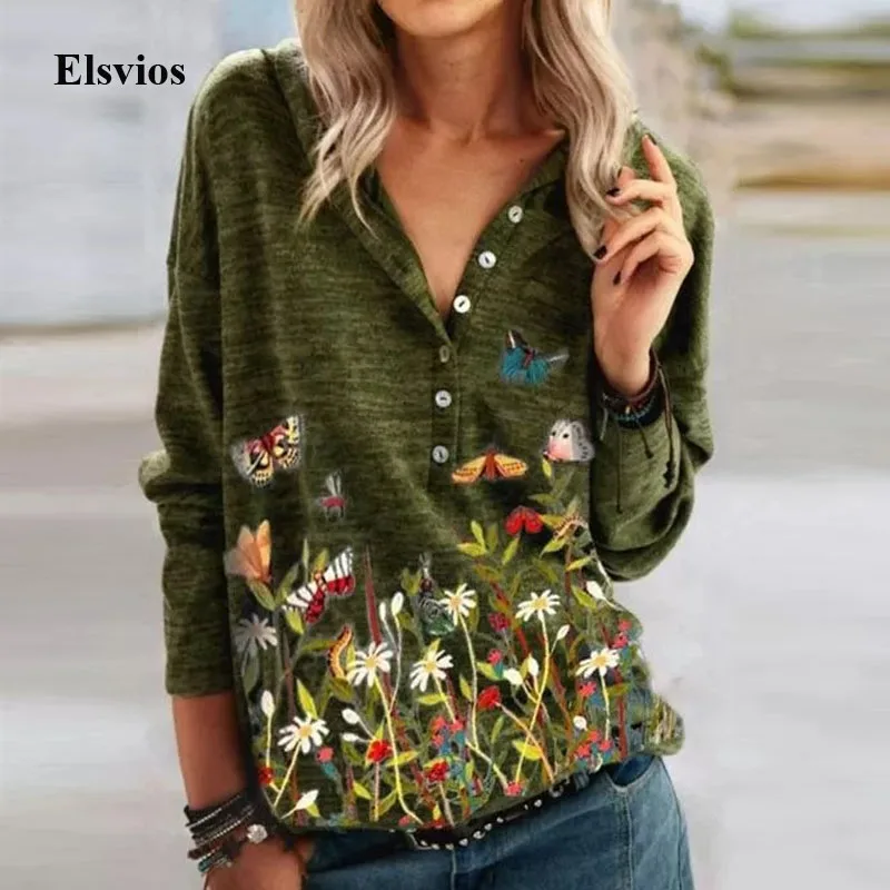

Casual 2021 Spring Long Sleeve Loose Blouse Women Sexy V-Neck Button Shirt Blusa Butterfly Floral Print Pullover Tops Streetwear