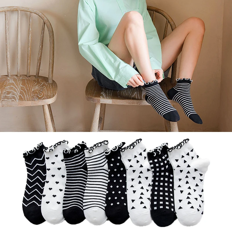 

1 Pair Women Socks Polka Dot Socks Striped White Black Cute Ruffle Short Socks Cotton Casual Sock Ladies Sox For Girls