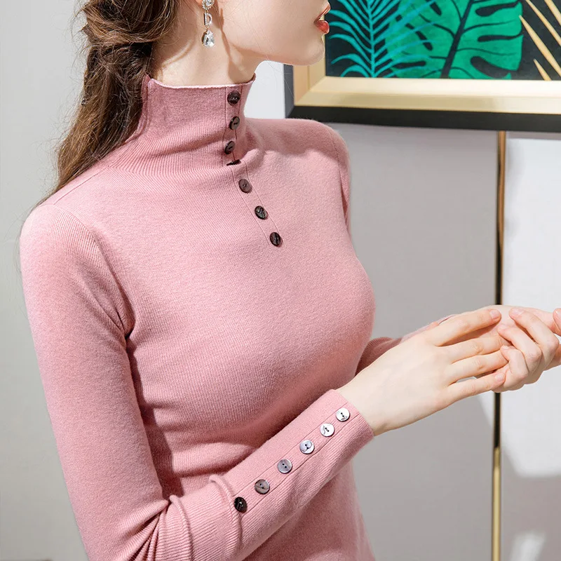 

Turtleneck knitted bottoming shirt women's autumn/winter 2020 new style women's wear long-sleeved retro button fashion waist top