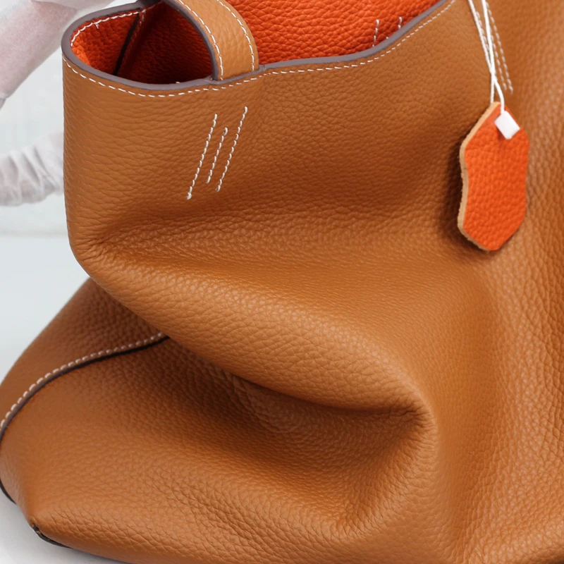 

Double-Sided Leather Tote Bag H Type Contrast Soft Leather Large-Capacity Shopping Bag Full Leather Inside And Outside