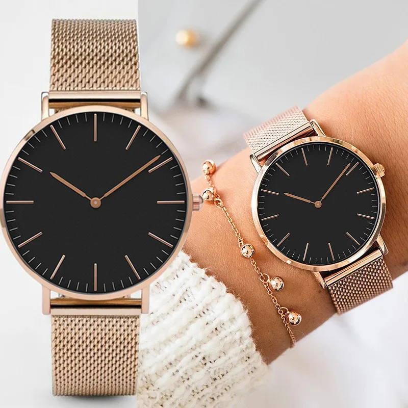 

Часы наручные женские кварцевые, Простые аналоговые модные роскошные с браслетом из нержавеющей стали, с золотистым и розовым ремешком
