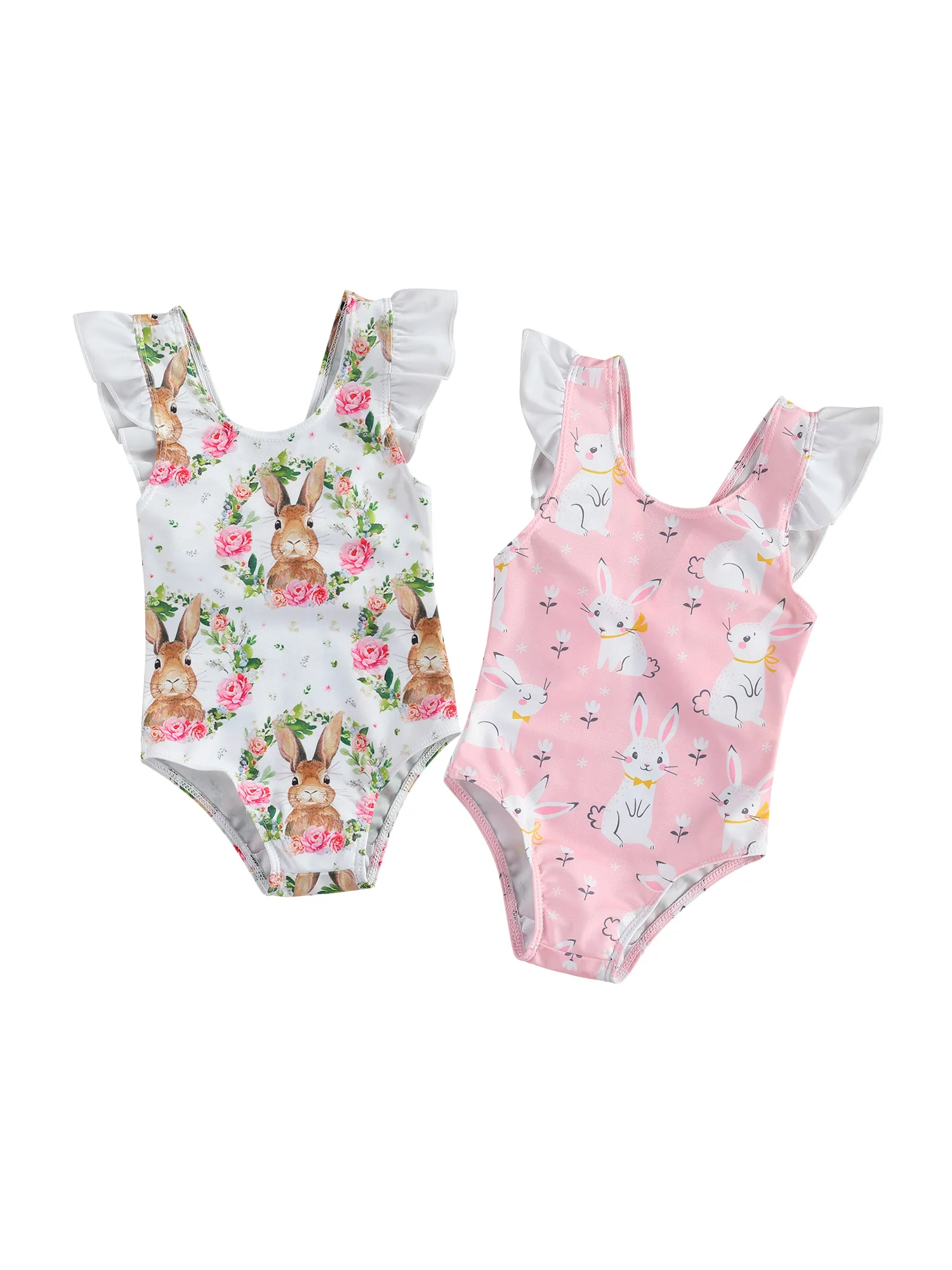 

Summer Infant Girls One-piece Swimsuit Cute Bunny Easter Floral Printing Fly Sleeve Swimwear Bodysuit Clothes