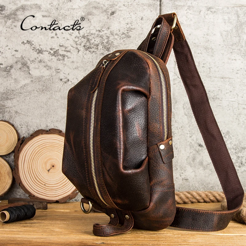 

CONTACT'S Crazy Horse Leather Chest Bag Men Casual Shoulder Crossbody Bags Male Chest Pack for 7.9" iPad Large Capacity Bolsos
