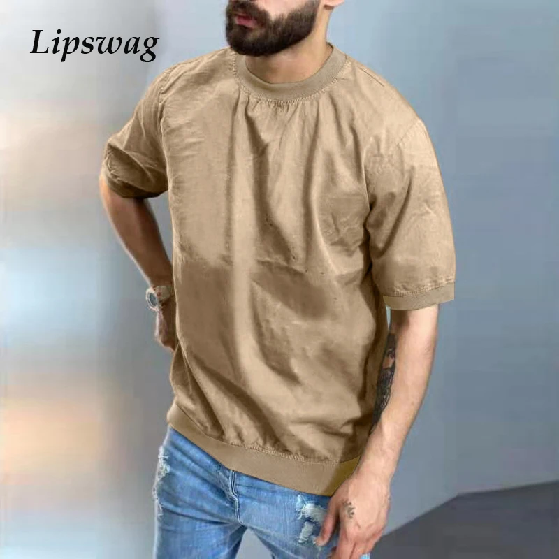 

Casual Basic Solid Linen Cotton Tee Shirt Men 2021 Summer Short Sleeve Slim T-shirts For Men Fashion O-Neck Pullovers Streetwear