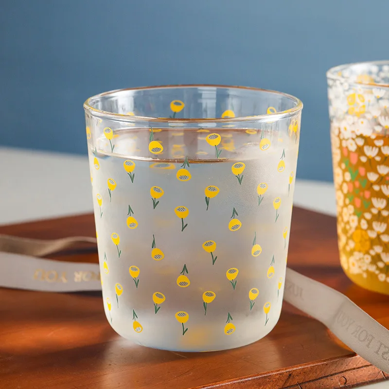 

Nordic Vintage Transparent Coffee Glass Cup Heat-resistant Milk Juice Tea Cup Drinkware Print Home Wedding Glasses