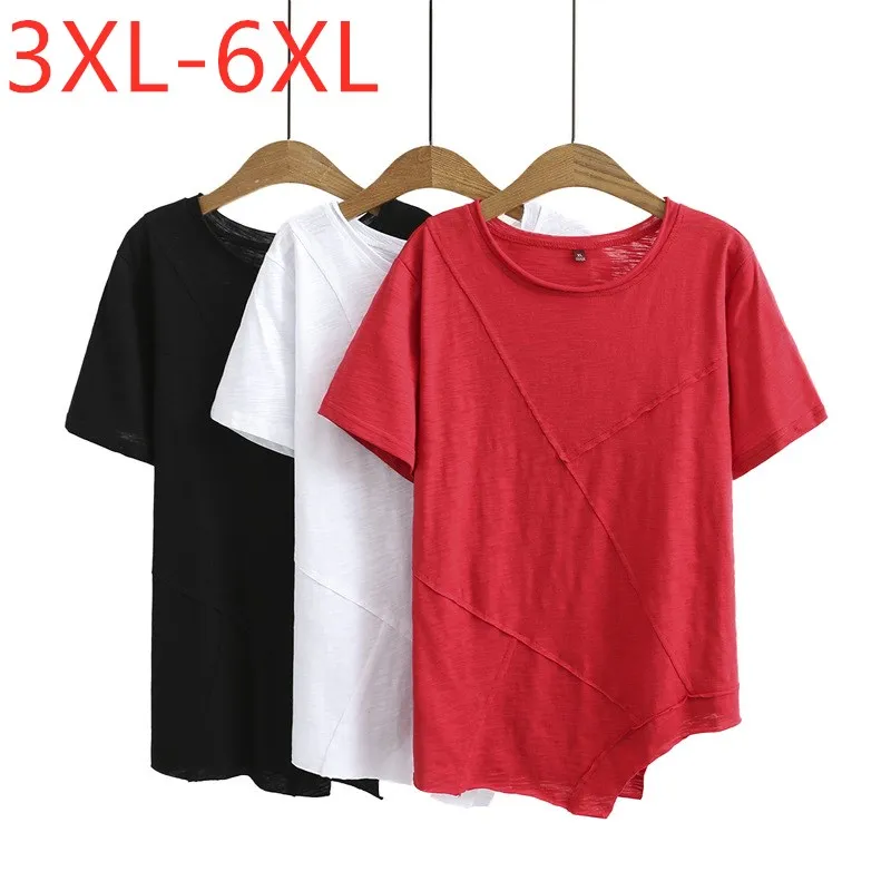 

Новинка 2021 Летняя женская обувь размера плюс Топы для женщин с коротким рукавом свободное хлопковое красное эластичные с О-образным вырезо...