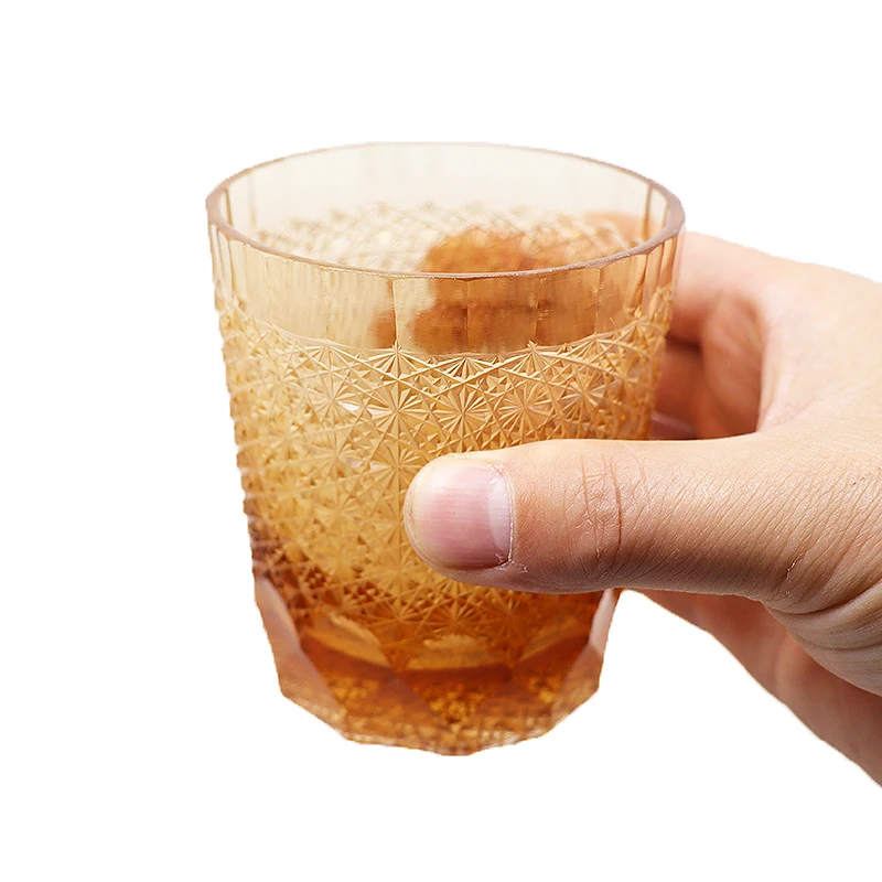

8 oz Hand cut to amber topaz whiskey glass tumbler