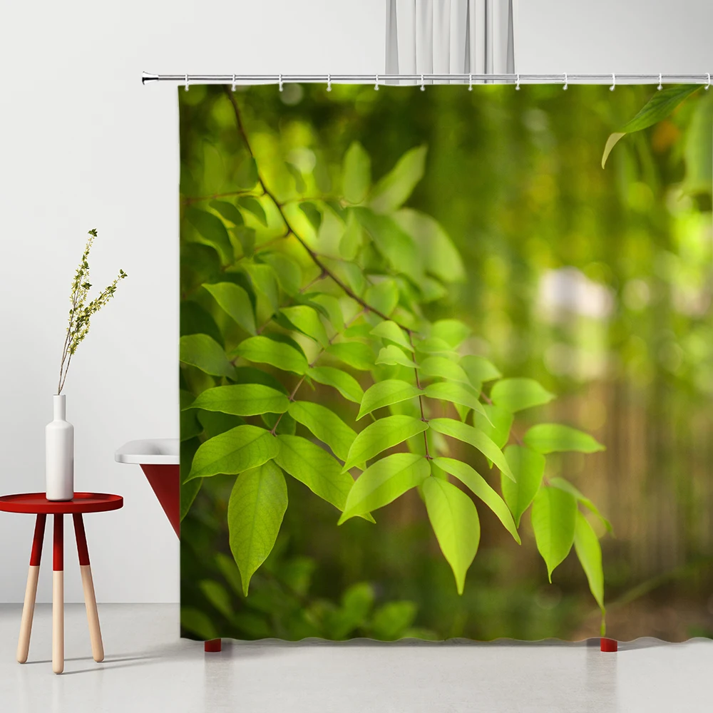 

Botany Shower Curtain Spring Green Potted Plants leaves Dewdrop Bathtub Decoration Photographic Background 240X180cm