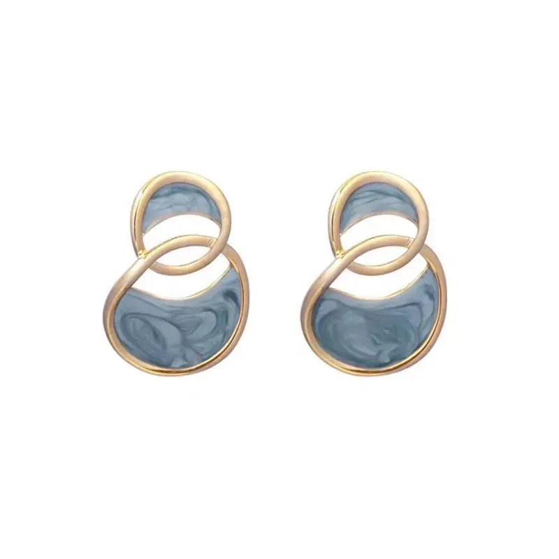 Korean Blue Geometric Earclips ClipEarrings  Vintage Enamle Irregualr Round Clip on Earrings No Piercing for Female Ear Jewelry images - 6