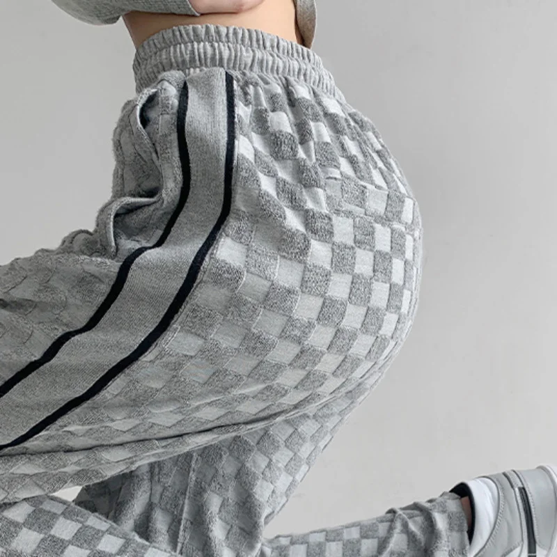 

TVVOVVIN Fashion Checkerboard High Waist Drawstring Straight Pants Women Korean Casual Side Zipper Loose Plaid Trouser PF1O