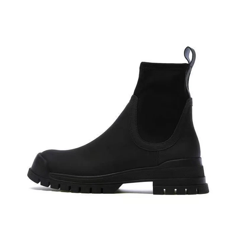 

Chunky Heel Platform Boots Women Luxury Brand Designer Chelsea Boots British Style Stretch Fabric Ankle Boots Black Shoes Women