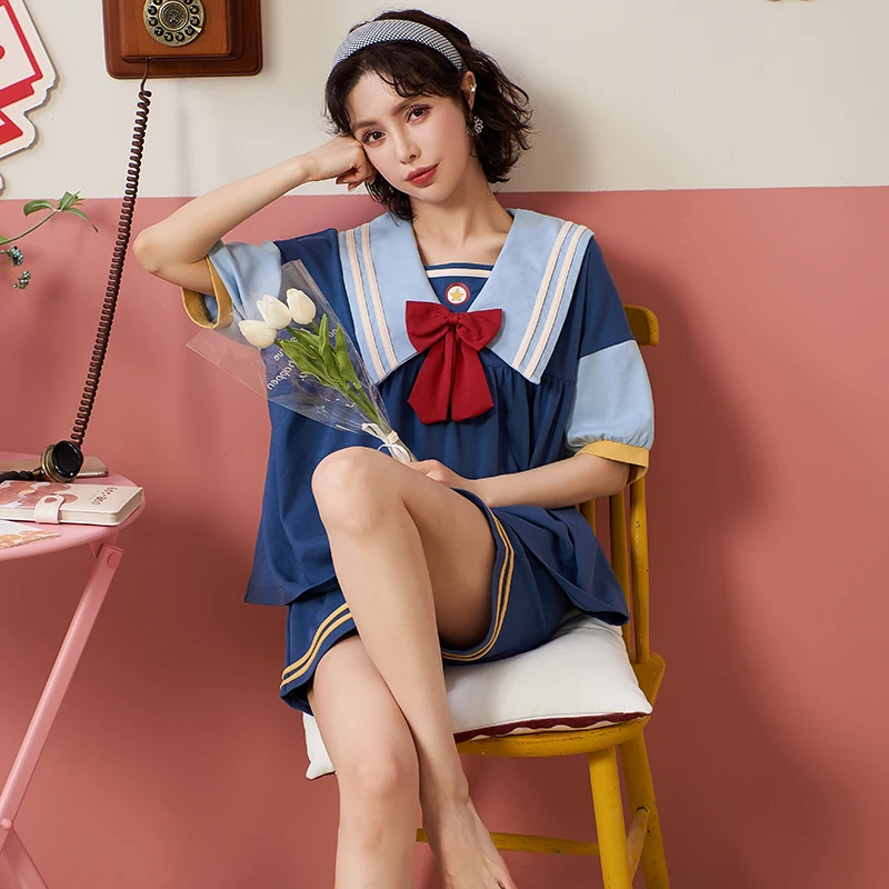 

Kawaii Patchwork Turn-down Collar Fashion Large Size Homewear Women Cotton Sailor Moon Cartoon Bowknot Short Sleeve Pajama Sets