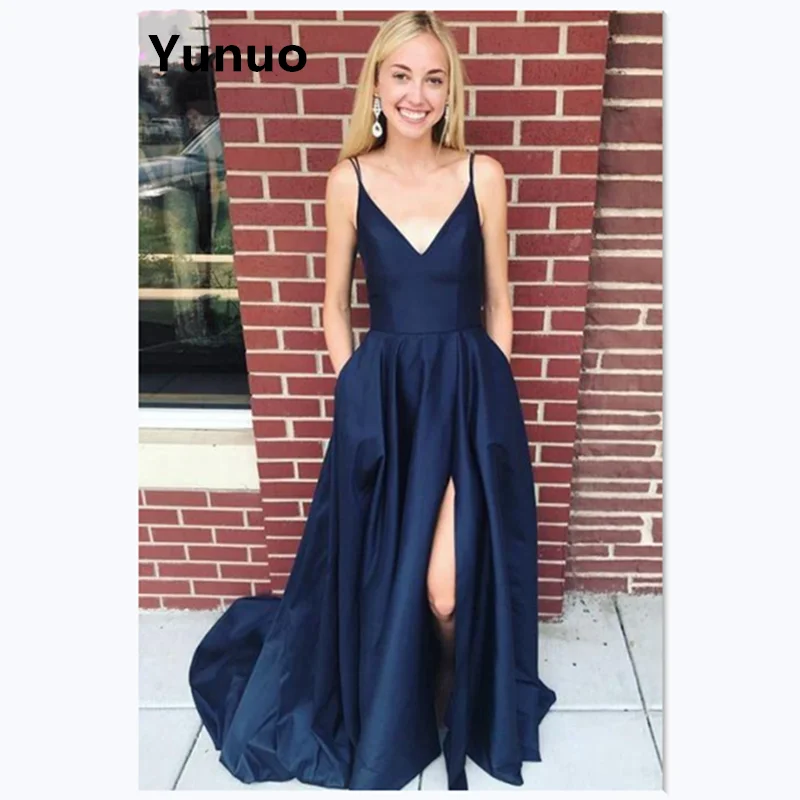 

Женское атласное вечернее платье, платье на бретелях-спагетти с V-образным вырезом, с карманом и Боковым Разрезом, платье с открытой спиной и...