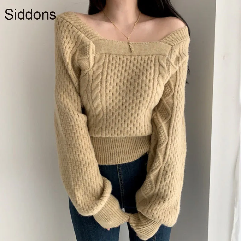 

Siddons Women Elegant Sweater Jumper Knit Korean Chic Retro Design Square Collar Off-Shoulder Slim Thick Pullovers Office Lady