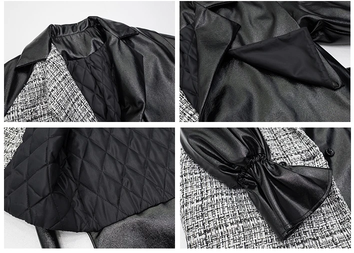 Женское твидовое пальто CHEERART длинное лоскутное из искусственной кожи и шерсти