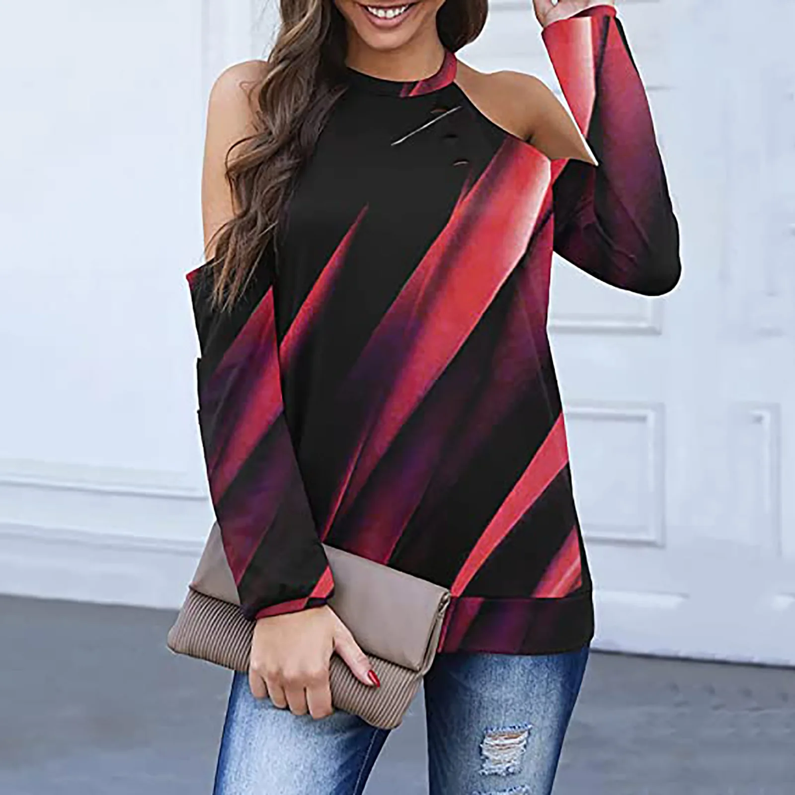 

Floral Print Halter Strapless Long Sleeve T-Shirt Women 2021 Spring Autumn Off Shoulder Korean Harajuku Female Base Top SJ8826V