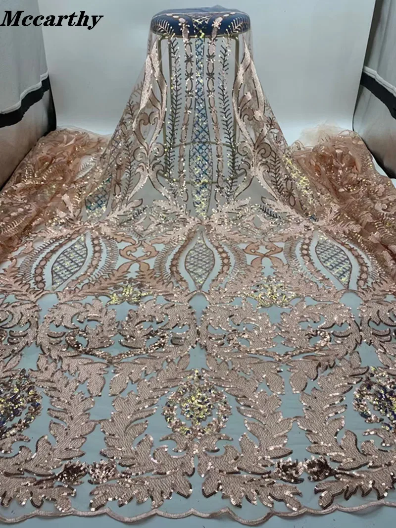 

2021 High Quality Nigerian Lace Fabric Embroidered French African Sequins Lace Fabric Weaving Design Orange Sequins Lace Fabric