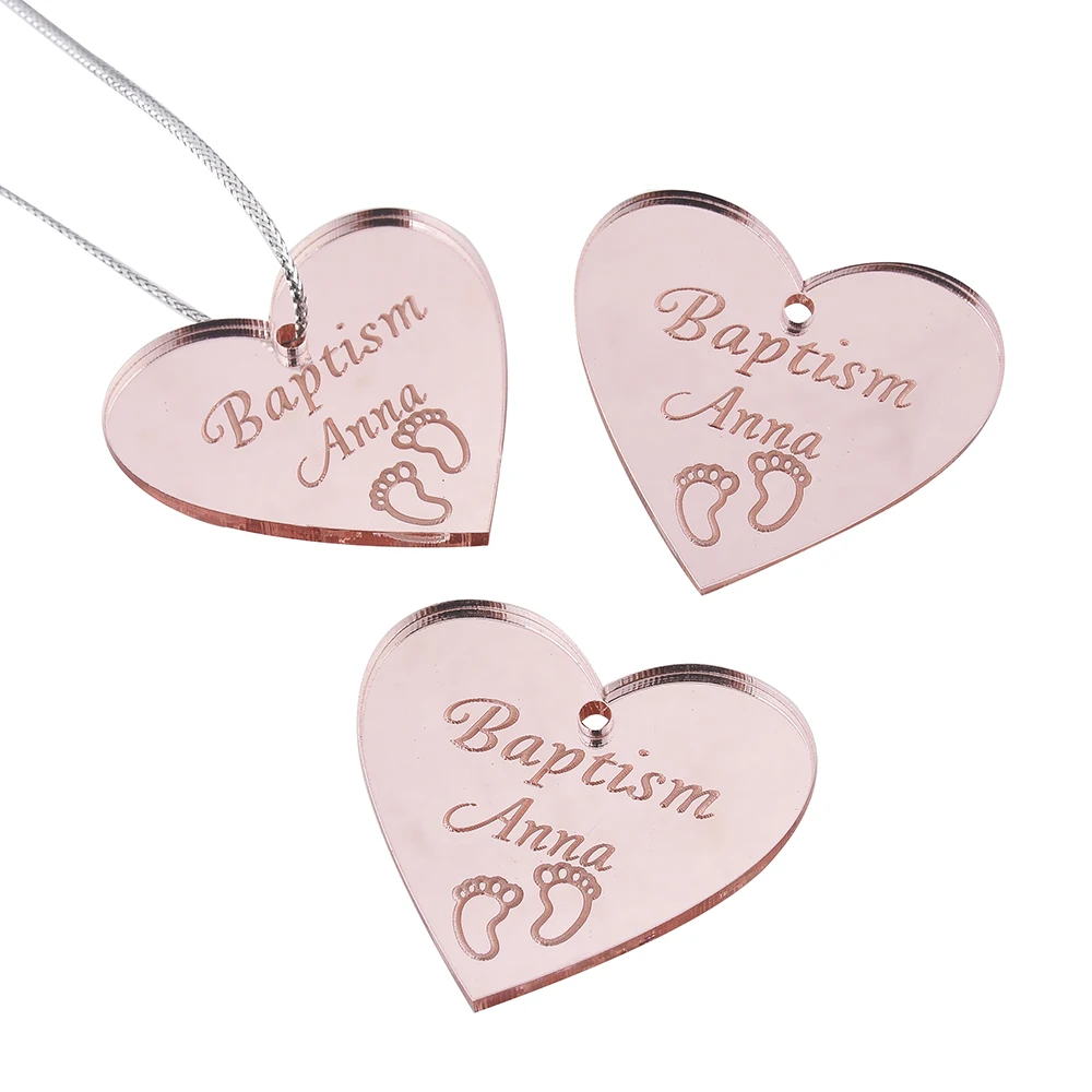 100Pcs Personalized Engraved Mirror Love Heart Wedding Tags 40/45/50mm Choose Baptism Tag Baby Shower Gift Favor Party Decor | Дом и сад