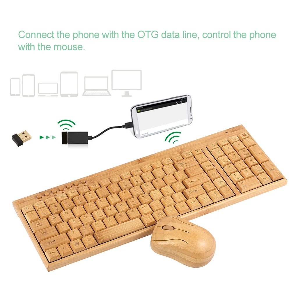 

2.4G Wireless Natural Wooden PC Keyboard and Mouse Combo Computer Keyboard Handcrafted Bamboo Plug and Play Yellow