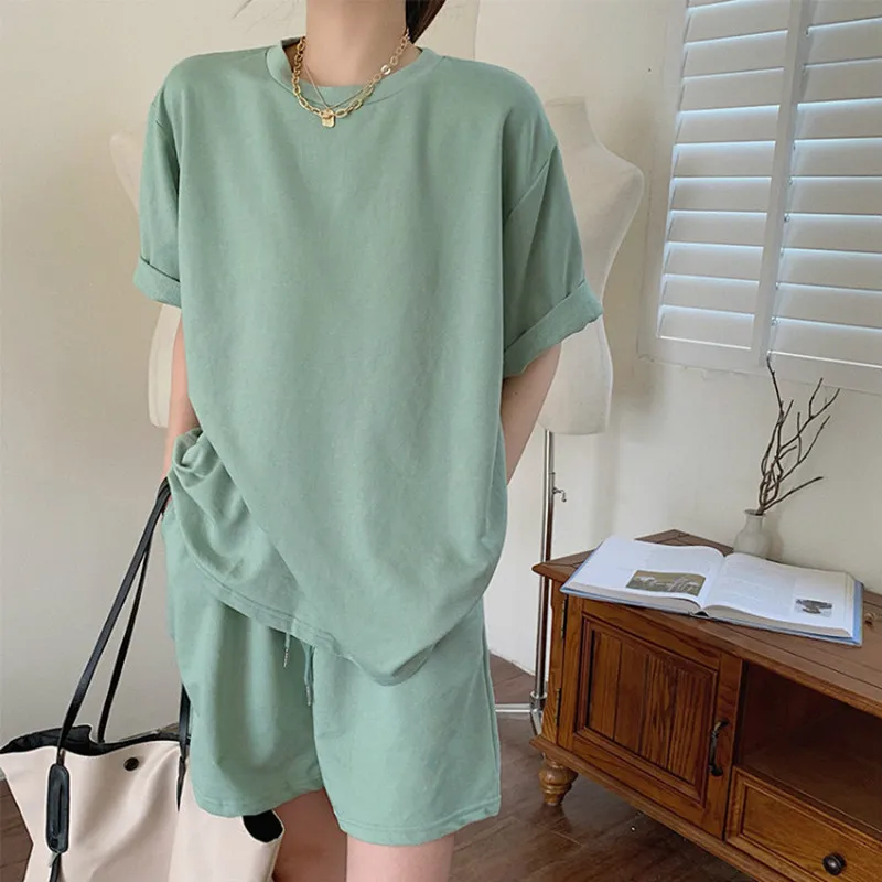 

Hzirip 2021 Summer Women Suit All-Match Korean O-Neck Green New Sports Student Leisure Loose Short-Sleeved T-Shirt Two-Piece