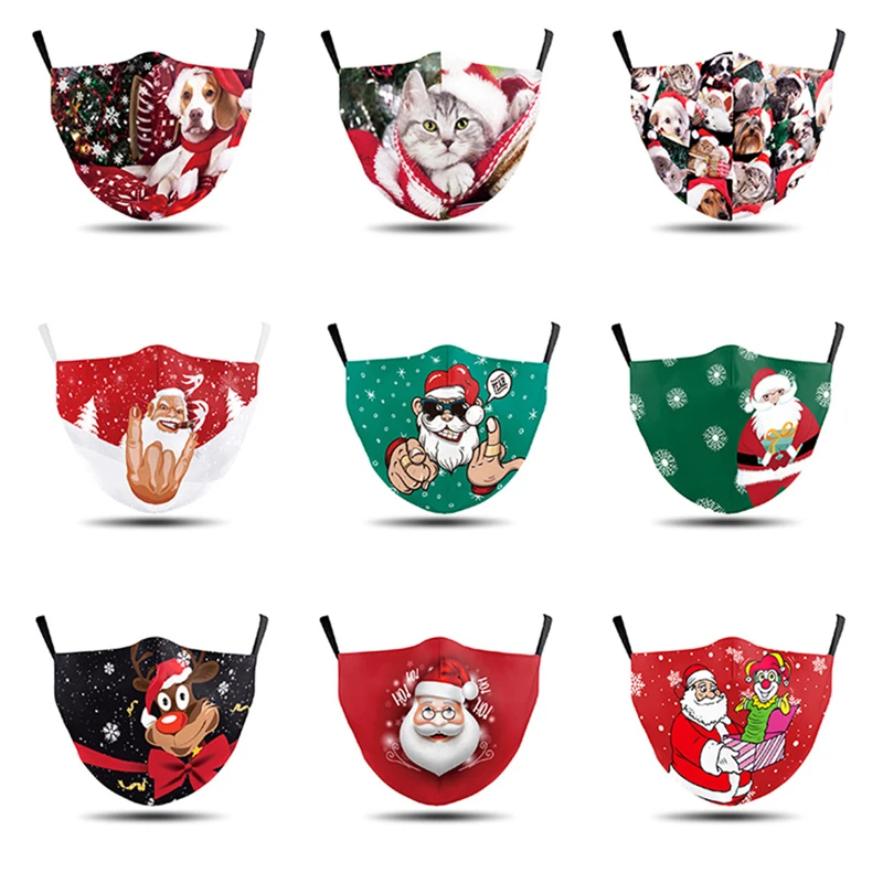 

Adult Christmas Santa Claus Snowflake Print Mask With Filter Anti Dust Windproof Washable Reusable Breathable Fabric Mouth Mask