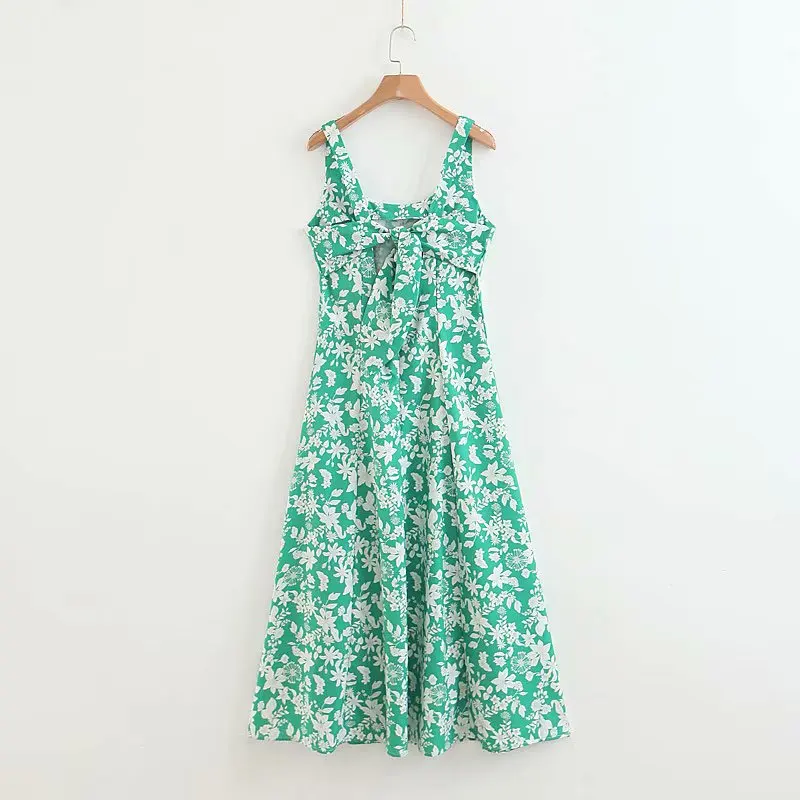2018 женское винтажное зеленое платье миди с цветочным принтом женские