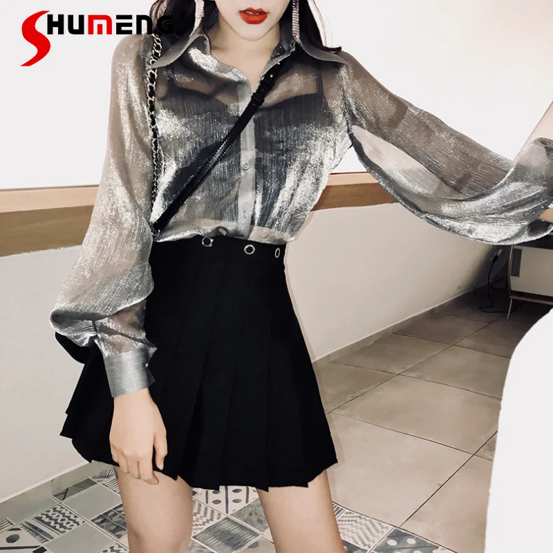 

Korean Fashion New Silver Gray Transparent Loose Woman Tops Thin Sun Protection Long Sleeve Cardigan Shirt Top Coat for Women