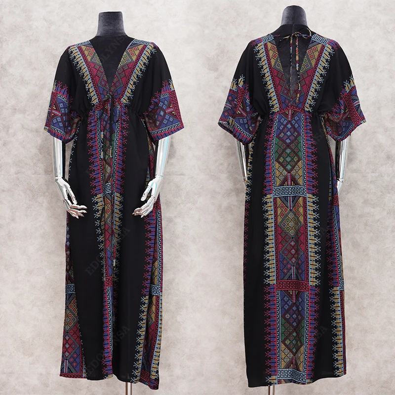 Женское платье с V образным вырезом рукавом до локтя и разрезом сбоку|Женские