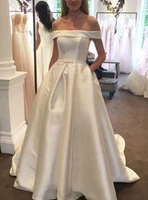 2019 princess a line wedding dresses court train ruched pockets off shoulder buttons back wedding bridal gowns