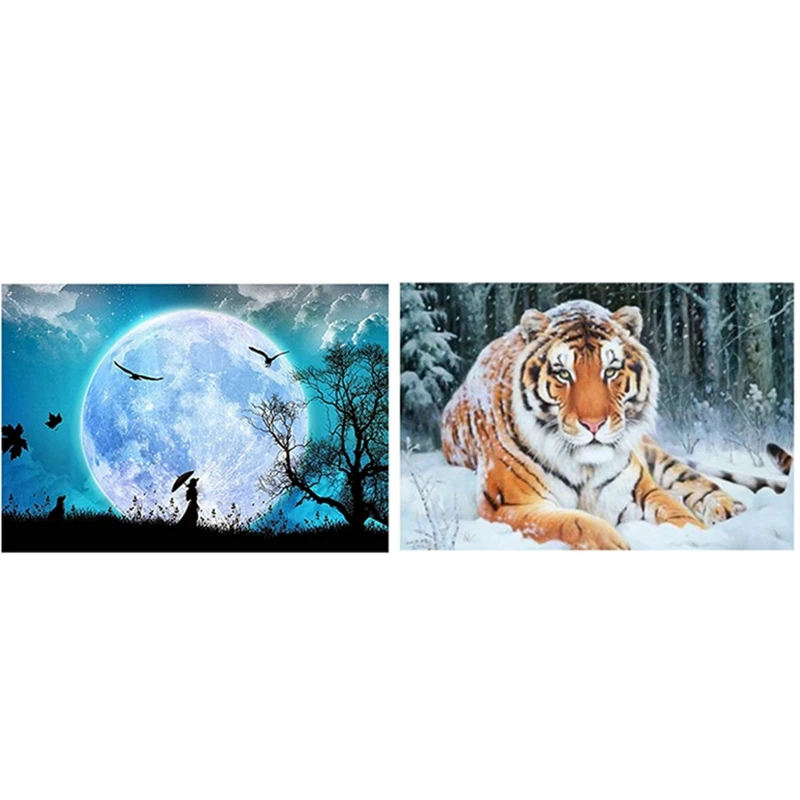

2 Set 5D Diamond Painting Cross Stitch Home Decoration, Tigers In The Snow & Walk Under The Moon