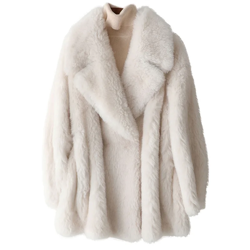 Fashion Real Sheep Fur Coat Women White Turn Down Collar Long Sleeves Simple Button Solid Elegant Ladies Coat Winter Female Tops