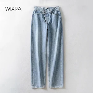 Женские джинсовые брюки Wixra, повседневные свободные винтажные прямые джинсы с высокой талией и карманами в Корейском стиле, джинсовые брюки полной длины