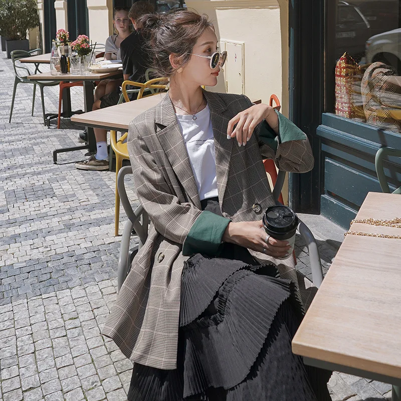 

2021 Spring Elegant OL Series Women Blazer Feminino Coat Double Breasted Brown Plaid Basic Jacket Office Femme Korean Clothing