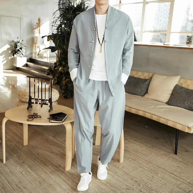 Chinese Autumn Style Mens Linen Tang Suit Casual Two Piece Set Vintage Jacket and Pants Loose Fit Men Tracksuit Large Size M-5XL