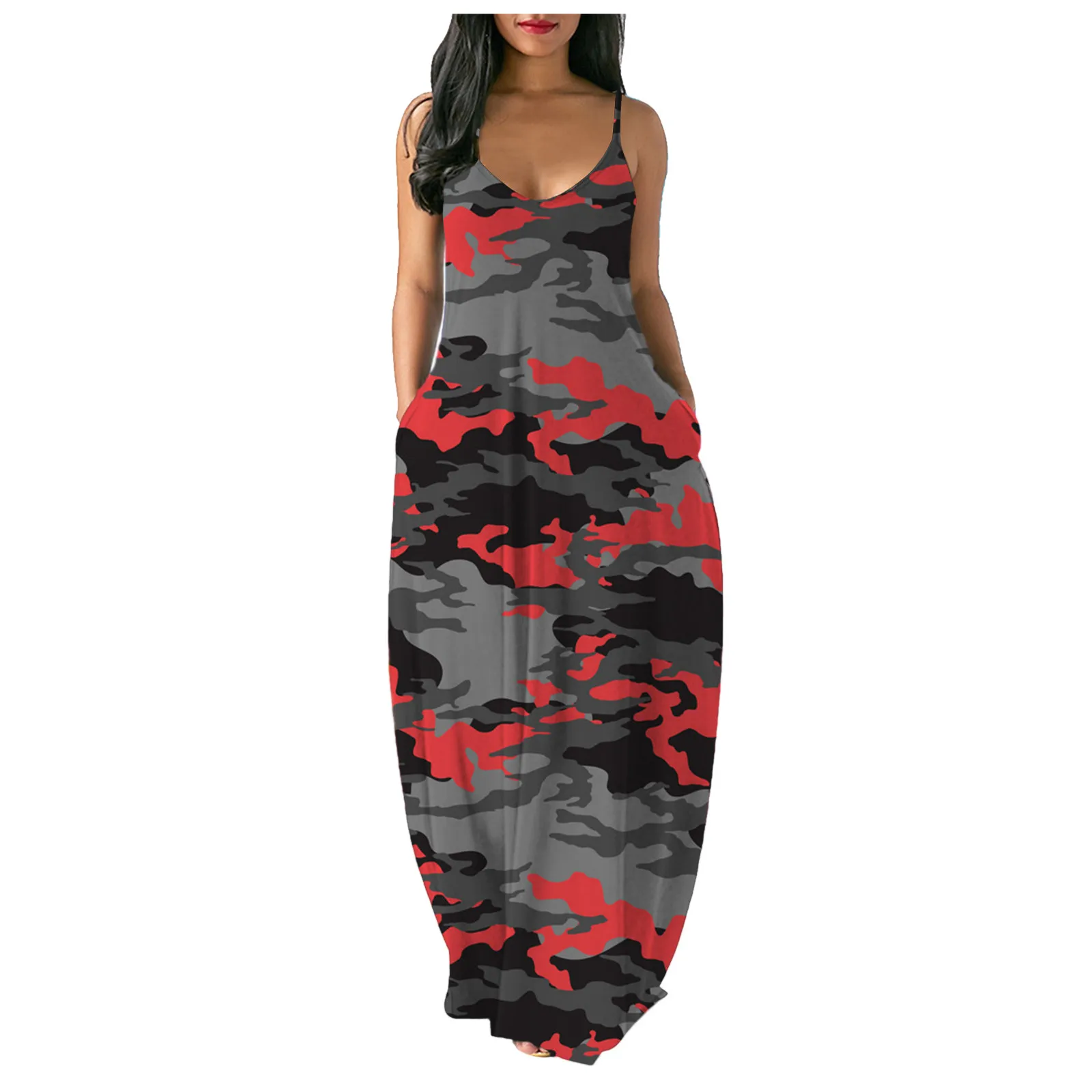 

Dresses For Women 2021 Women's Casual Maxi Dress Print V Neck Sleeveless Cami Dress With Pockets Traf Summer Dress 2021 robe