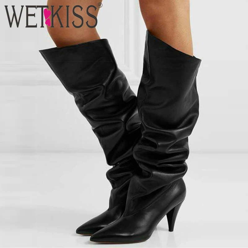 WETKISS/сутуляющиеся сапоги из коровьей кожи; женские ботинки до середины икры; обувь на высоком каблуке-шпильке; женская обувь с острым носком; Новинка года; сезон весна